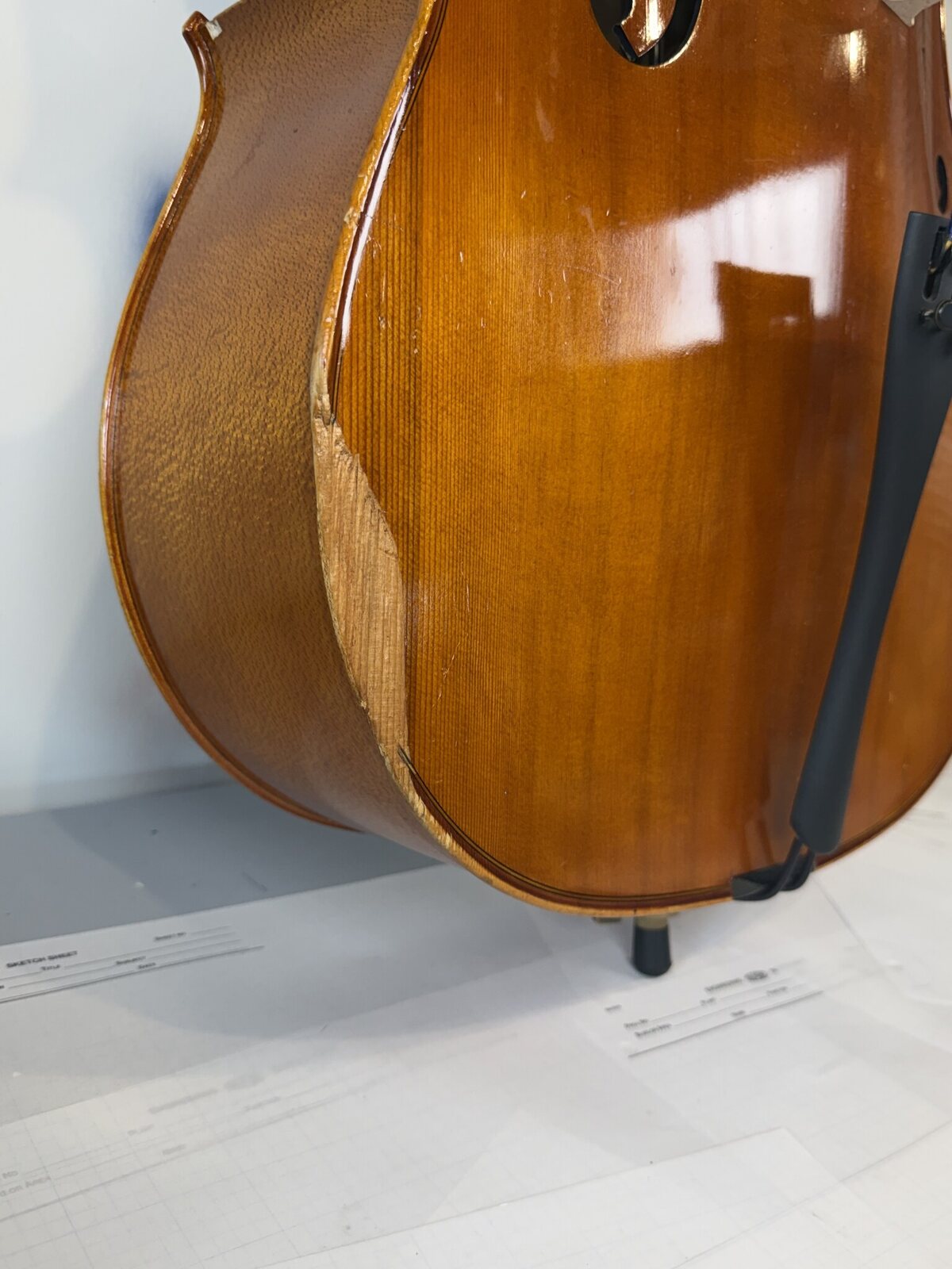 Several inches of raw spruce on the lower bass side of the cello top where edge and varnish are gone