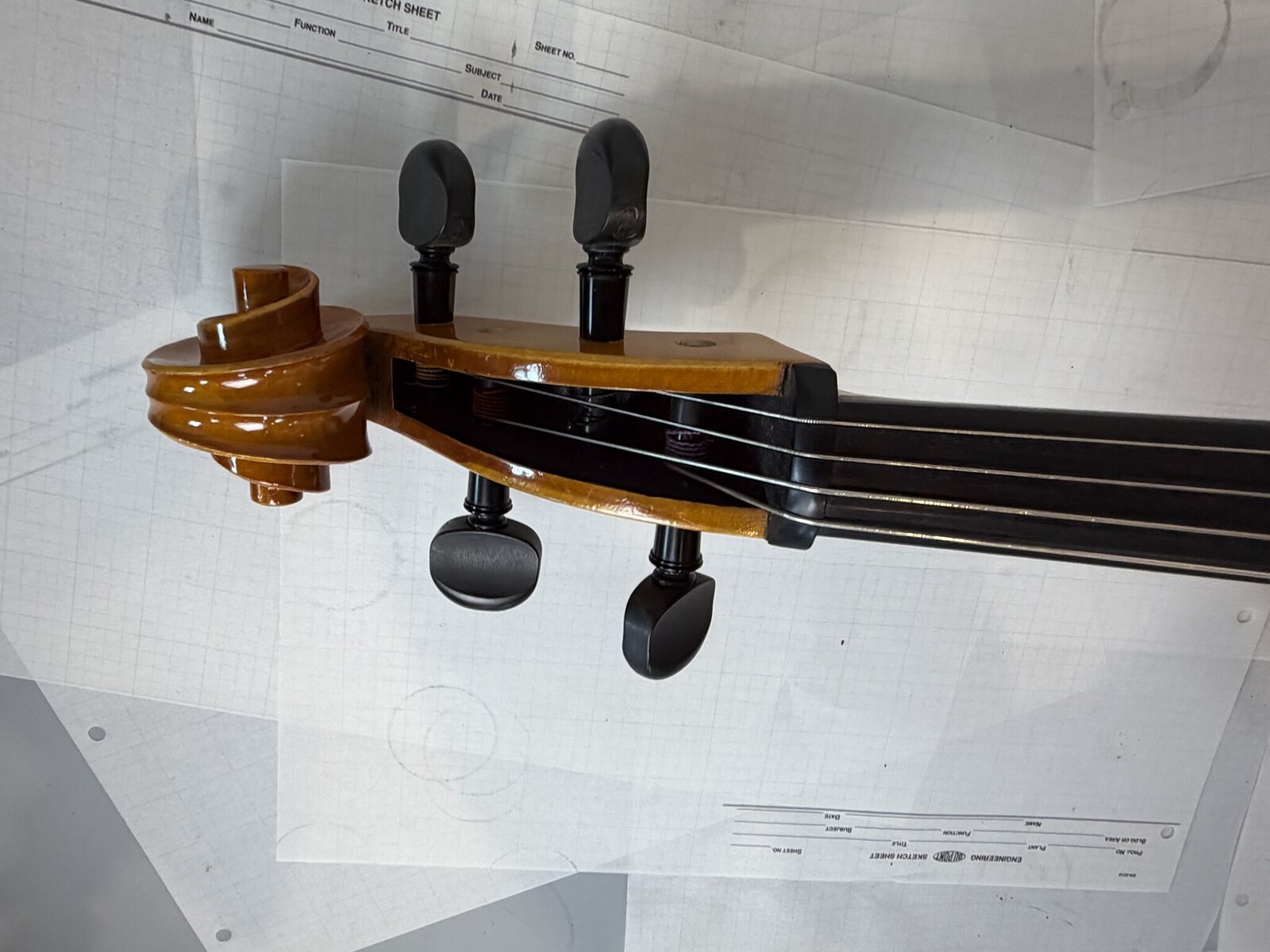 Scroll and pegbox of the cello, clean with all four pegs