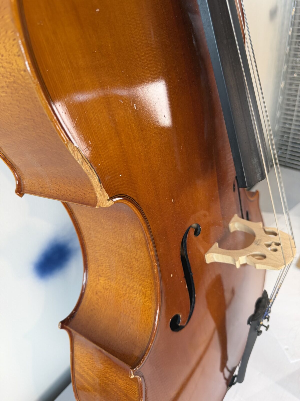 Second angle on the chipped C-bout corner showing the closed top-to-rib seam beneath it