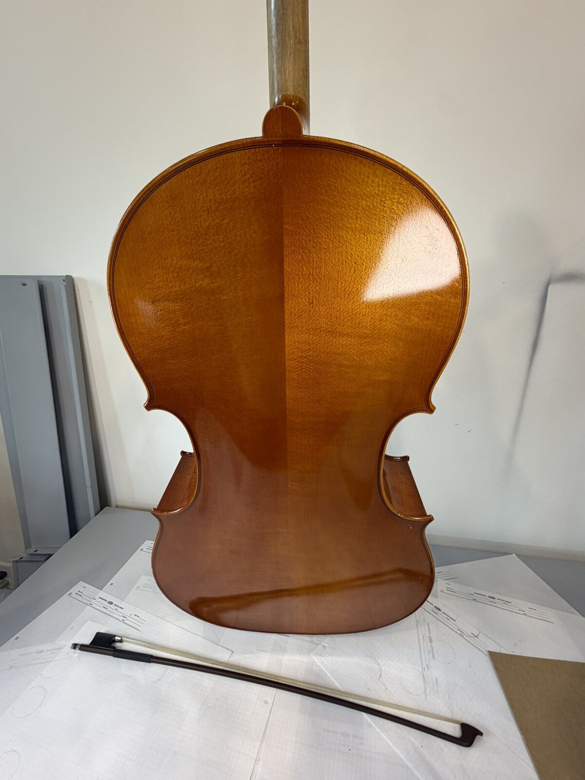 Back of the Strobel MC-100 cello with nice maple figure, shown with the included wood bow
