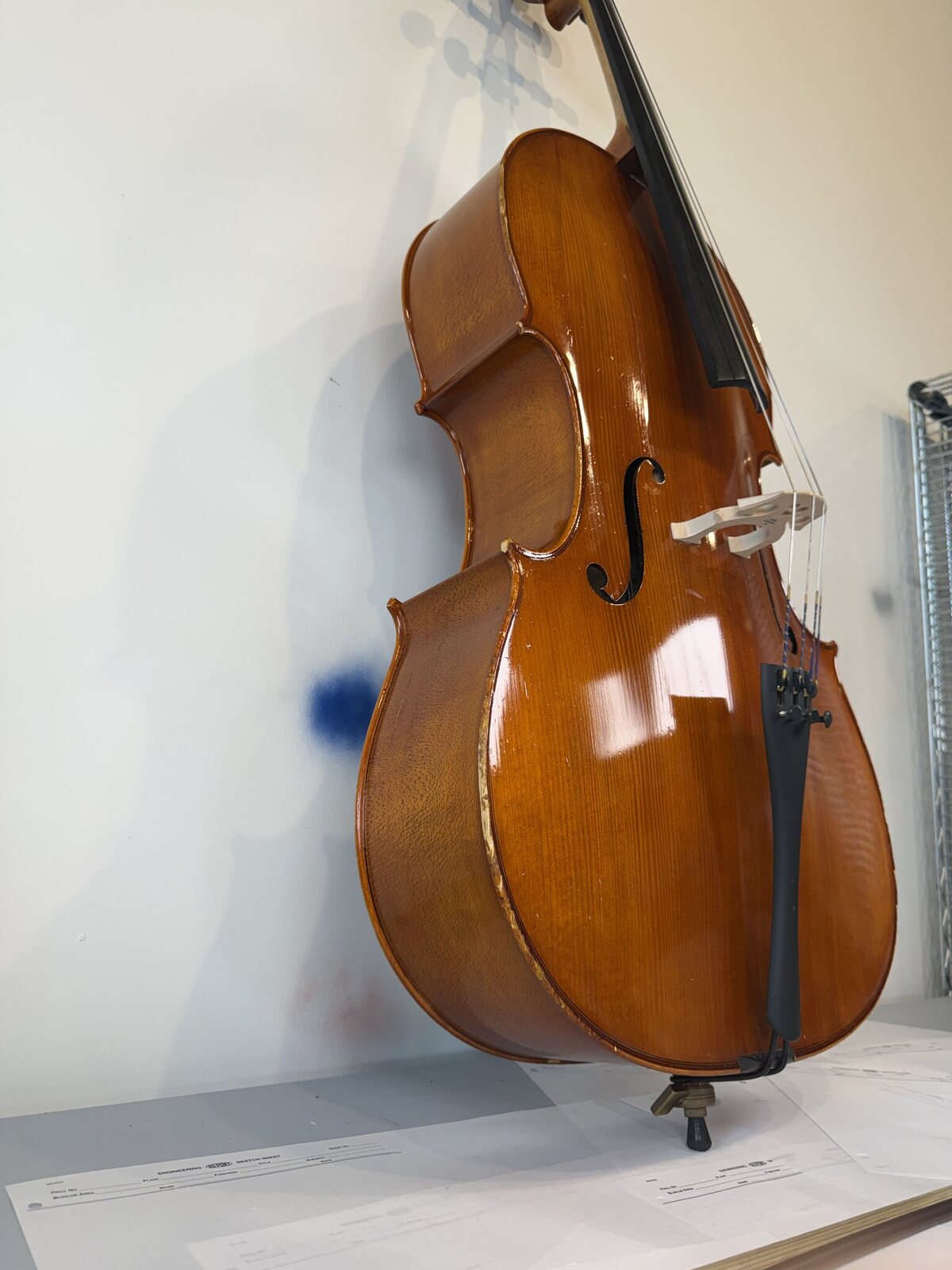 Front of the cello photographed before setup, with the bridge lying flat on the top