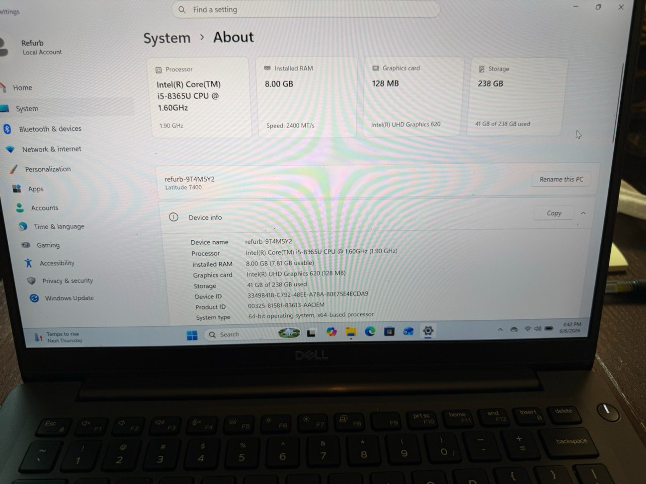 Dell Latitude 7400 14" i5-8365U 8GB 256GB SSD Windows 11 Ultrabook + Charger — view 1