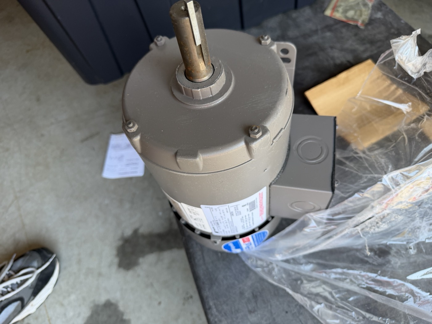 Magnetek Century E-Plus AC motor — keyed output shaft, end-on view