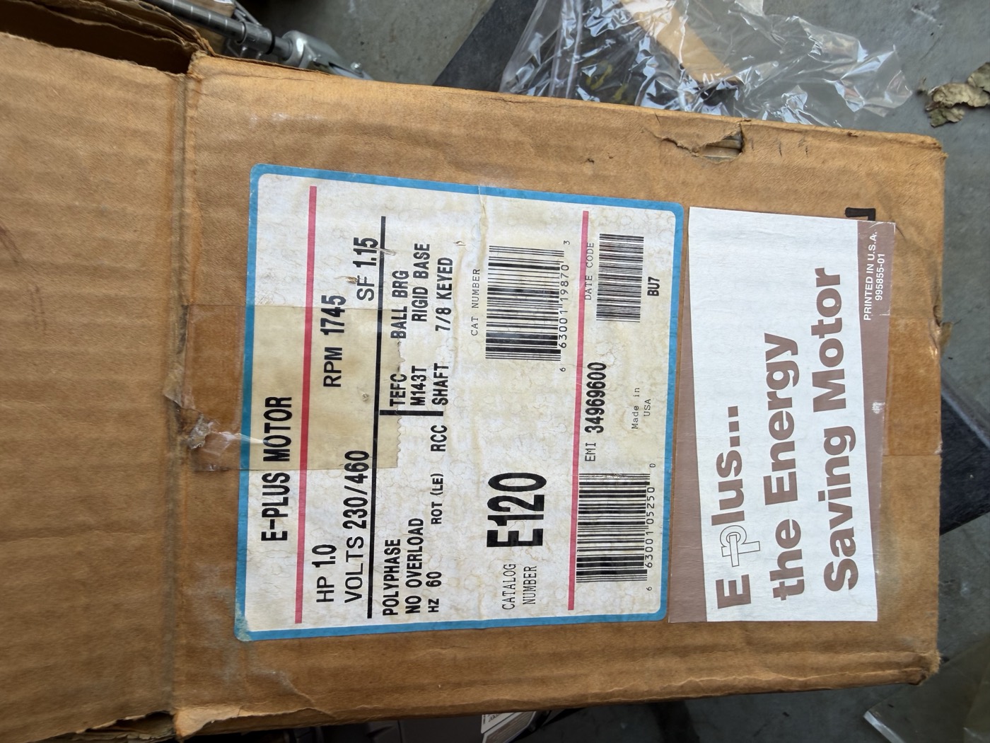Original Magnetek E-Plus motor box with HP 1.0 / 230-460V / 1745 RPM spec label