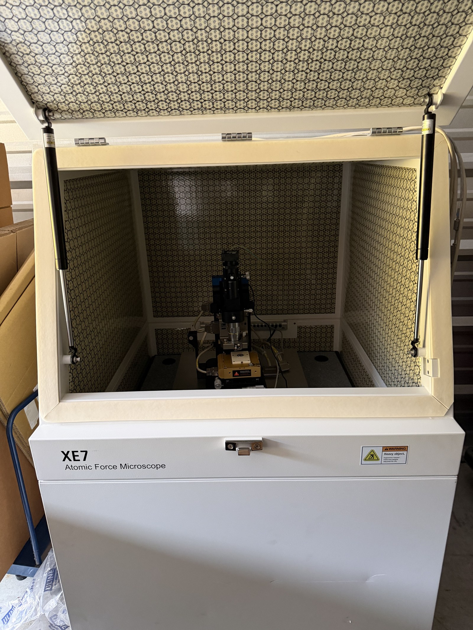 Park Systems XE7 AFM acoustic / active-vibration-isolation enclosure, door open, scan head inside