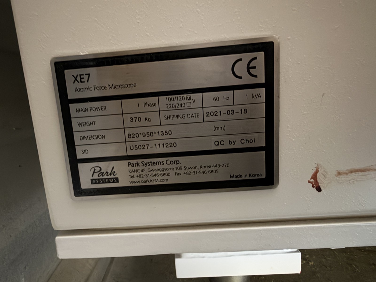 Park Systems XE7 nameplate - 100/120V 60Hz 1kVA, 370 kg, 820x950x1350 mm, SID U5027-111220, Made in Korea